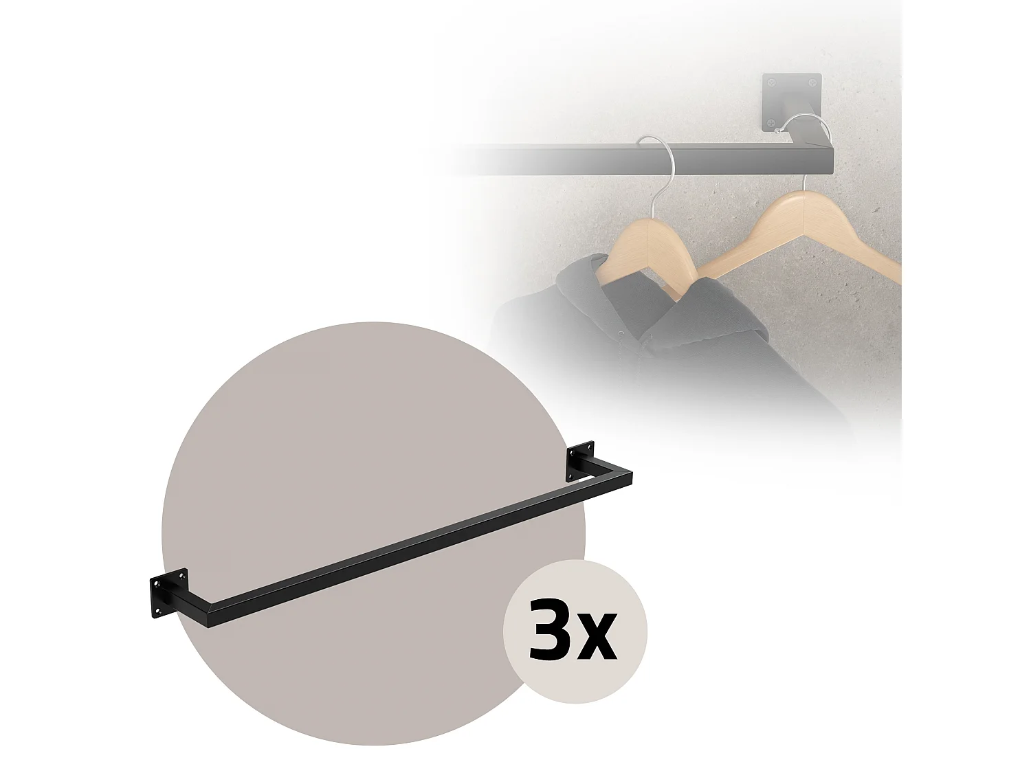 3x Perchero de pared negro para vestidor/armario barra para ropa/toallas 90x12cm