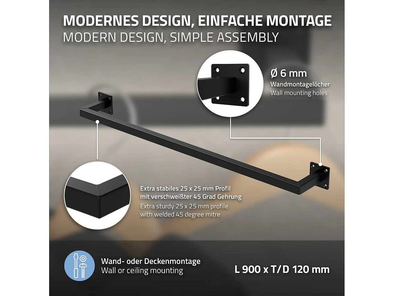 3x Perchero de pared negro para vestidor/armario barra para ropa/toallas 90x12cm