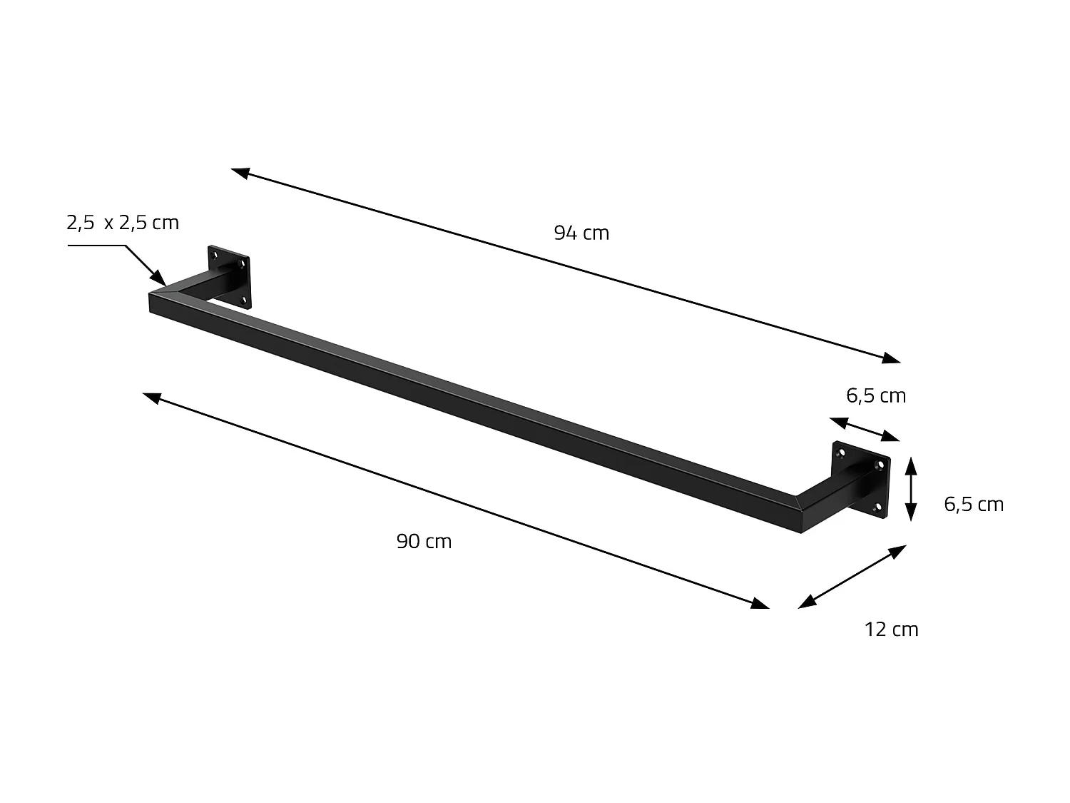 3x Perchero de pared negro para vestidor/armario barra para ropa/toallas 90x12cm