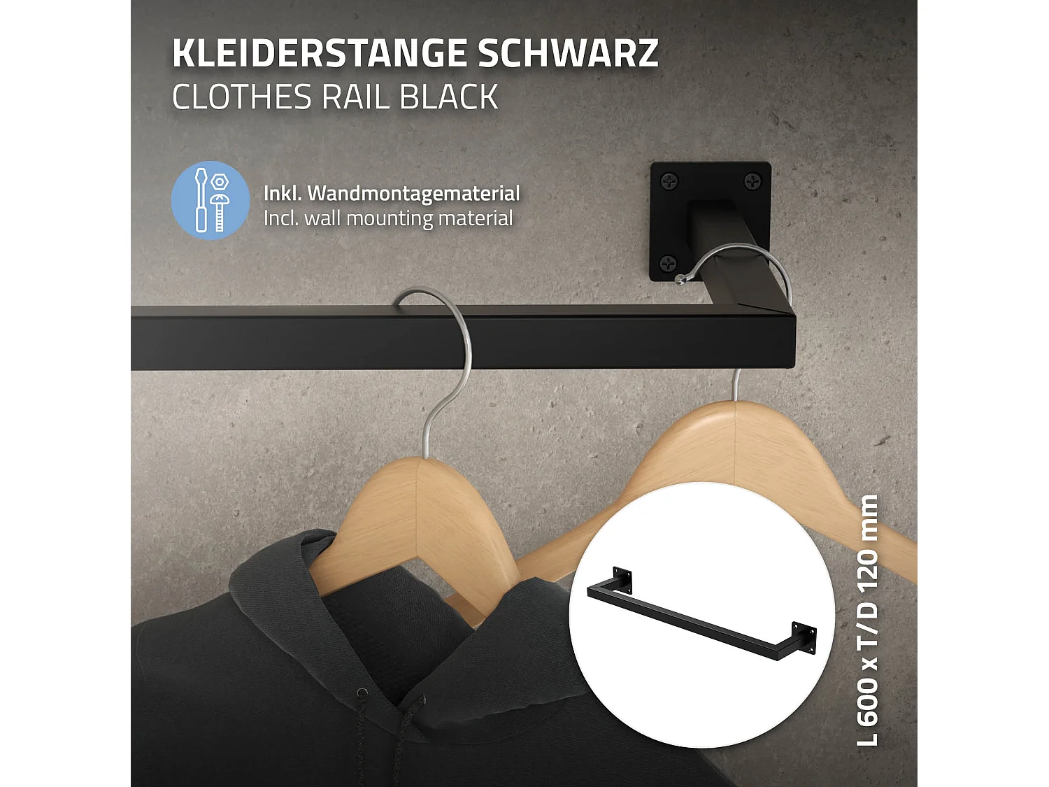 3x Perchero de pared negro para vestidor/armario barra para ropa/toallas 60x12cm