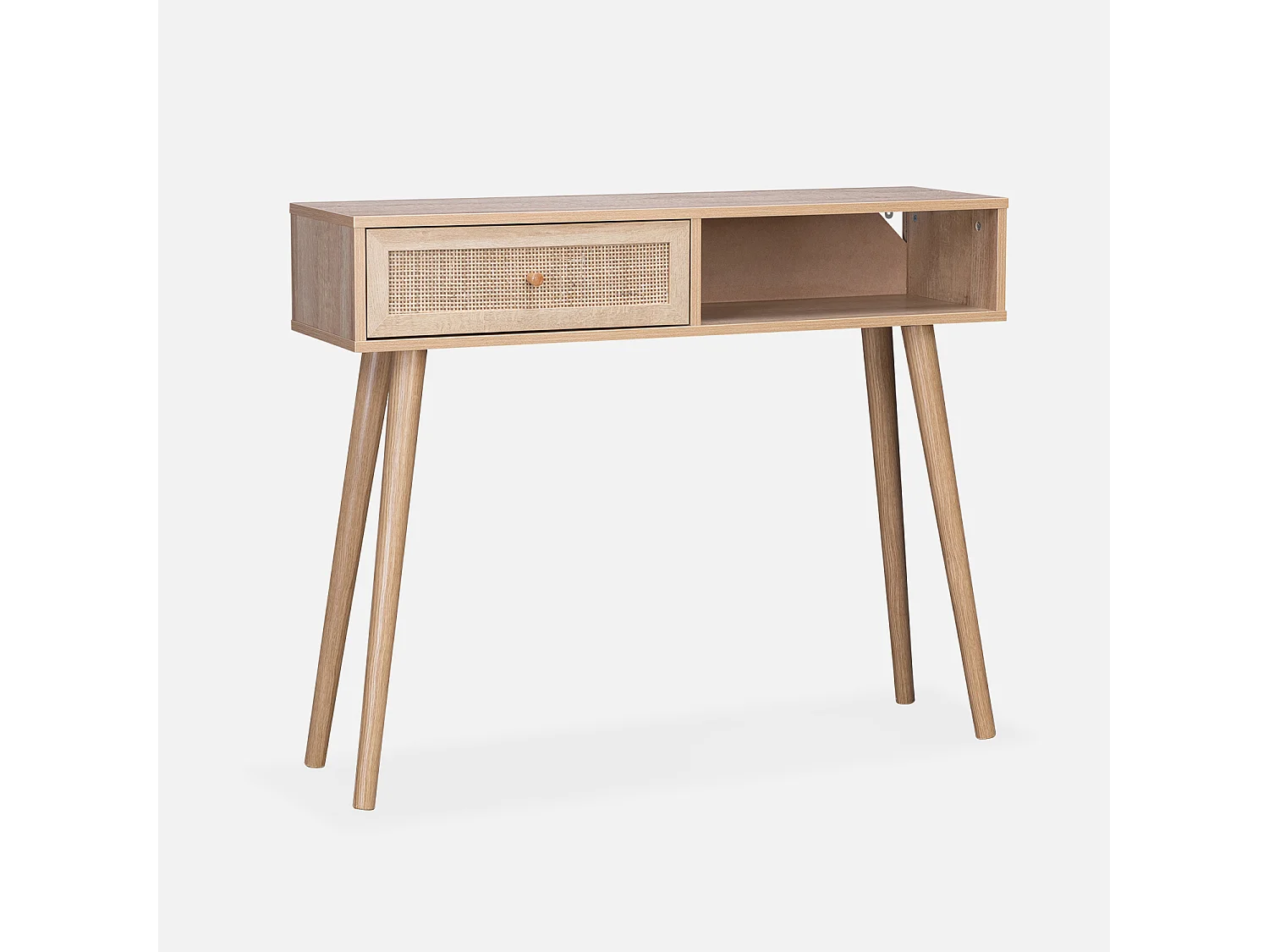 Console en cannage 100x29x81cm  -  Bohème -  Naturel. 1 tiroir.1 espace de rangement. pieds scandinaves décor bois. 1 poignée