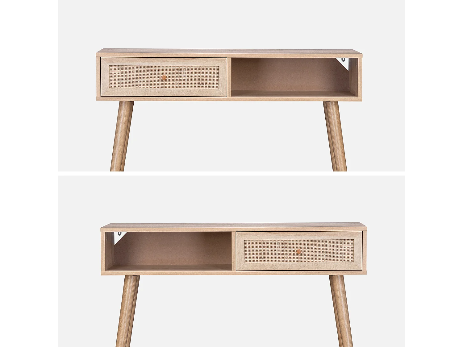 Console en cannage 100x29x81cm  -  Bohème -  Naturel. 1 tiroir.1 espace de rangement. pieds scandinaves décor bois. 1 poignée