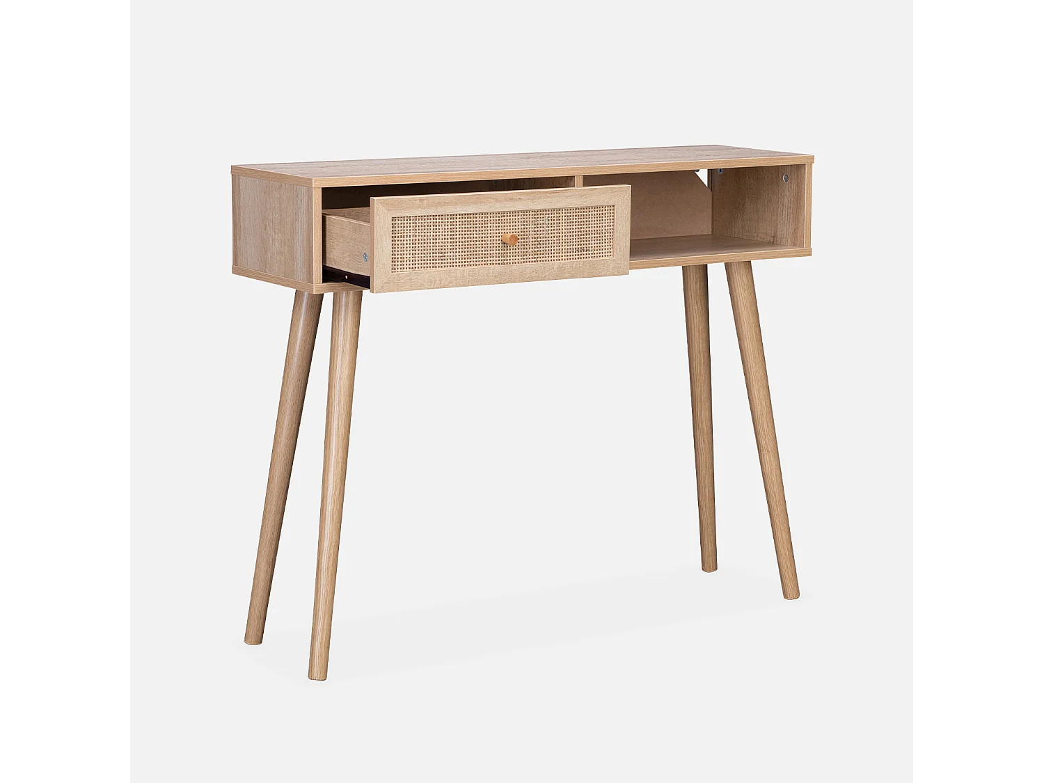 Console en cannage 100x29x81cm  -  Bohème -  Naturel. 1 tiroir.1 espace de rangement. pieds scandinaves décor bois. 1 poignée