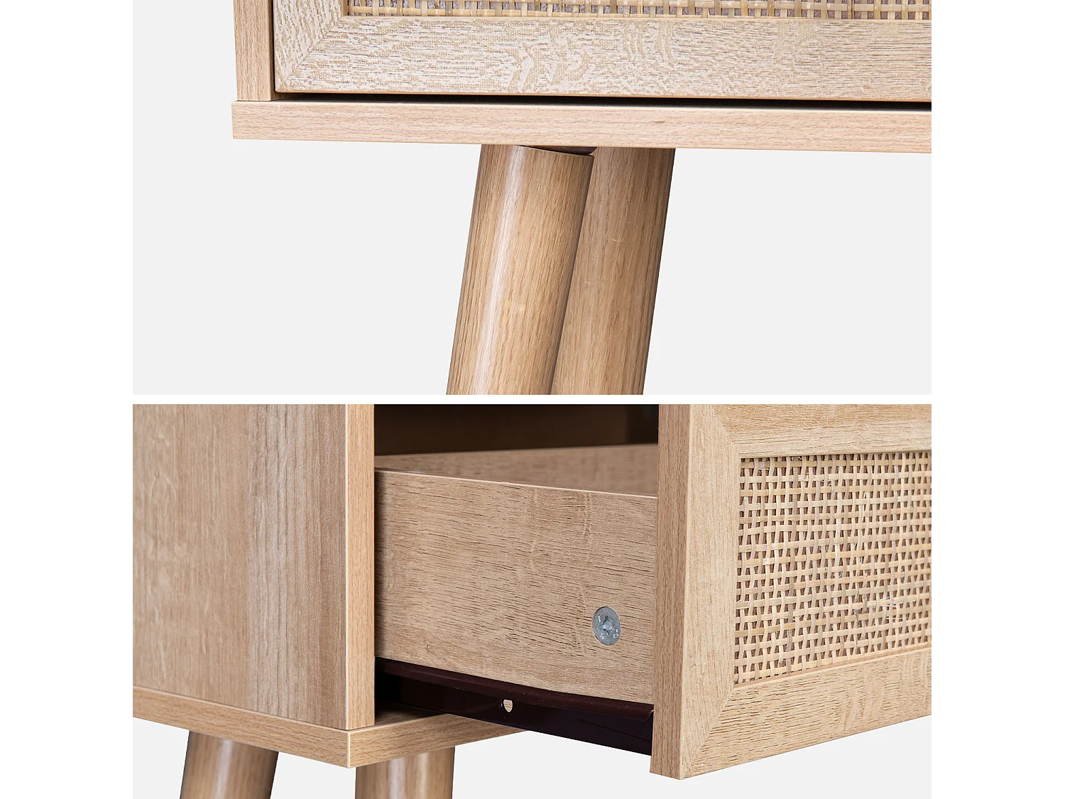 Console en cannage 100x29x81cm  -  Bohème -  Naturel. 1 tiroir.1 espace de rangement. pieds scandinaves décor bois. 1 poignée