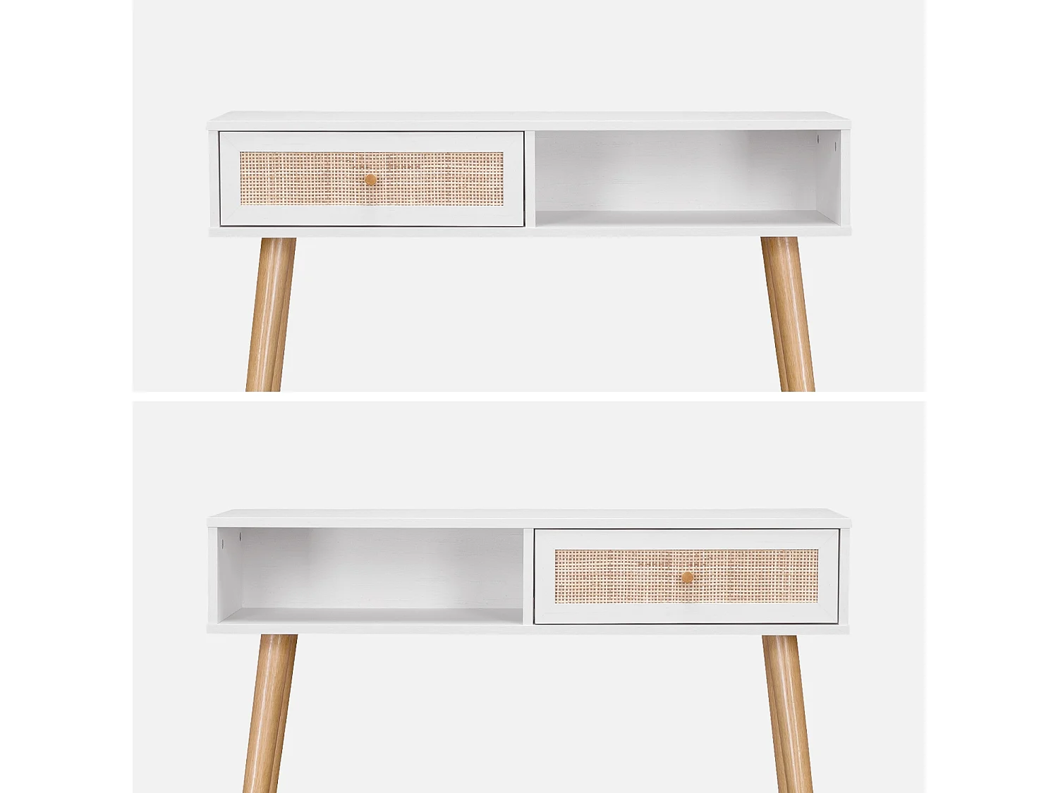 Console en cannage 100x29x81cm  -  Bohème -  Blanc. 1 tiroir.1 espace de rangement. pieds scandinaves décor bois. 1 poignée