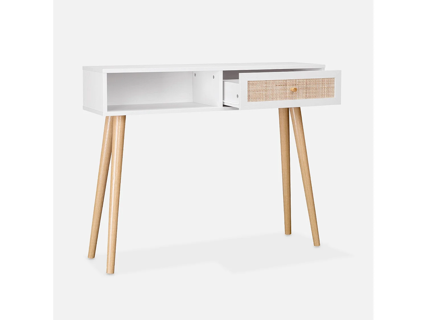 Console en cannage 100x29x81cm  -  Bohème -  Blanc. 1 tiroir.1 espace de rangement. pieds scandinaves décor bois. 1 poignée