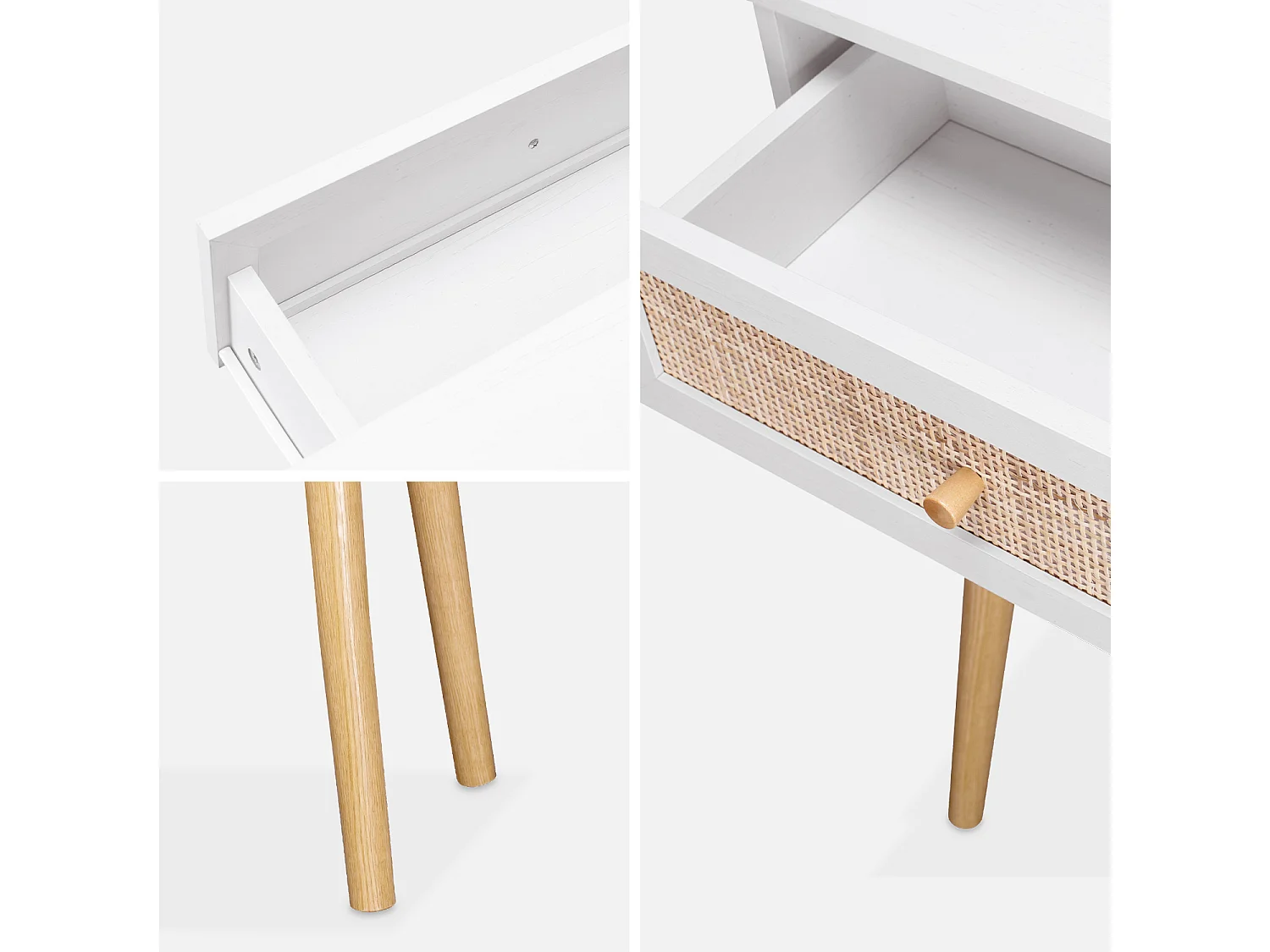 Console en cannage 100x29x81cm  -  Bohème -  Blanc. 1 tiroir.1 espace de rangement. pieds scandinaves décor bois. 1 poignée
