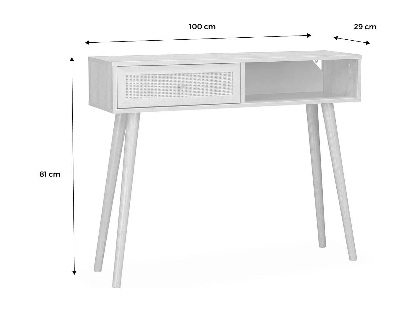 Console en cannage 100x29x81cm  -  Bohème -  Blanc. 1 tiroir.1 espace de rangement. pieds scandinaves décor bois. 1 poignée