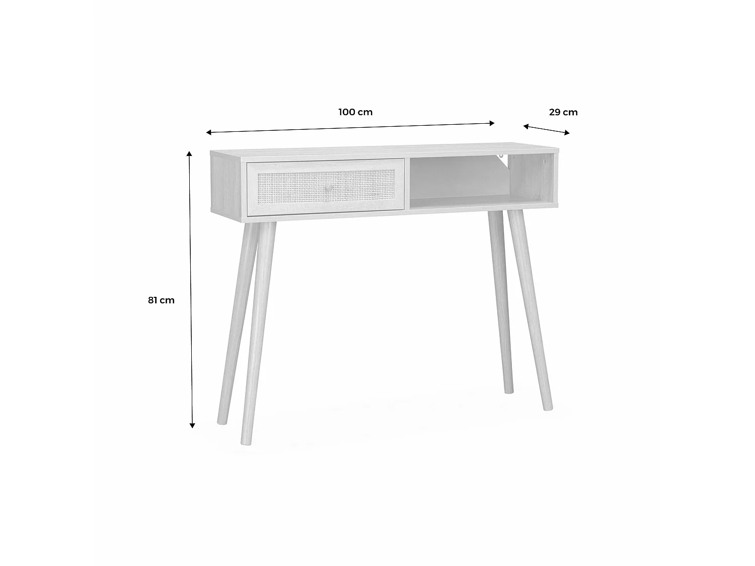 Console en cannage 100x29x81cm  -  Bohème -  Blanc. 1 tiroir.1 espace de rangement. pieds scandinaves décor bois. 1 poignée