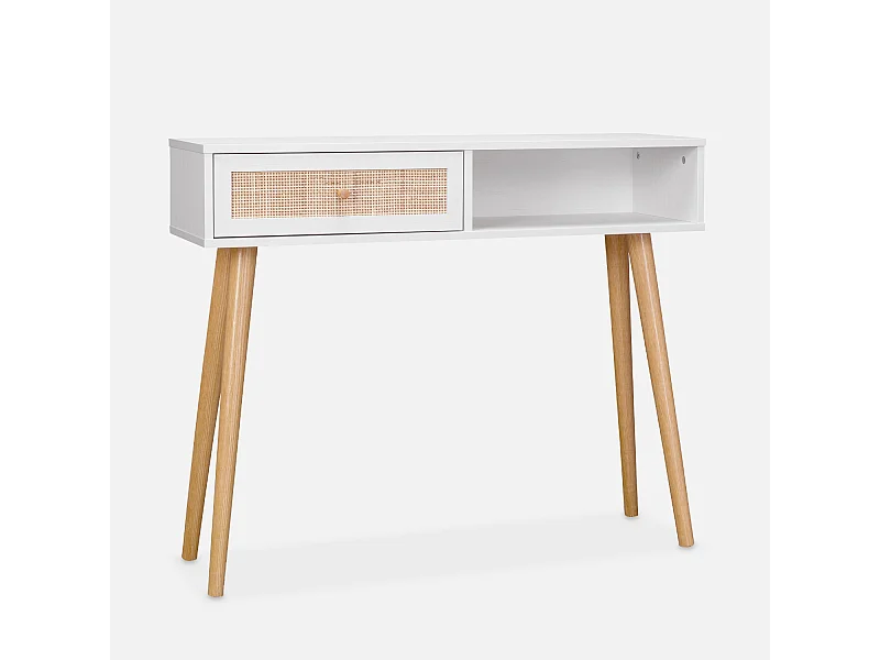 Console en cannage 100x29x81cm  -  Bohème -  Blanc. 1 tiroir.1 espace de rangement. pieds scandinaves décor bois. 1 poignée