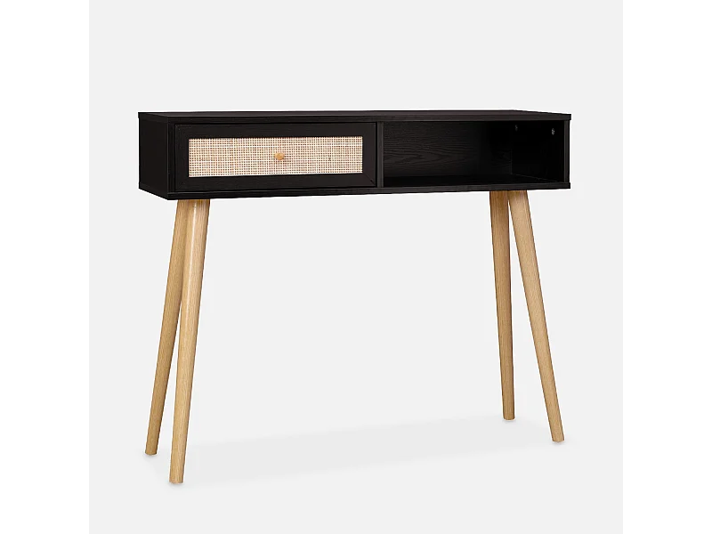 Console en cannage 100x29x81cm  -  Bohème -  Noir. 1 tiroir.1 espace de rangement. pieds scandinaves décor bois. 1 poignée