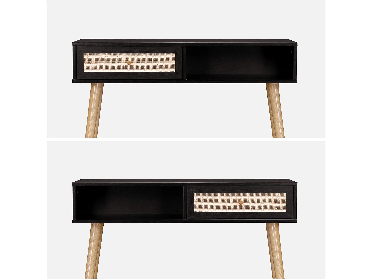 Console en cannage 100x29x81cm  -  Bohème -  Noir. 1 tiroir.1 espace de rangement. pieds scandinaves décor bois. 1 poignée
