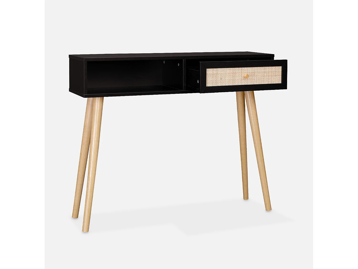 Console en cannage 100x29x81cm  -  Bohème -  Noir. 1 tiroir.1 espace de rangement. pieds scandinaves décor bois. 1 poignée