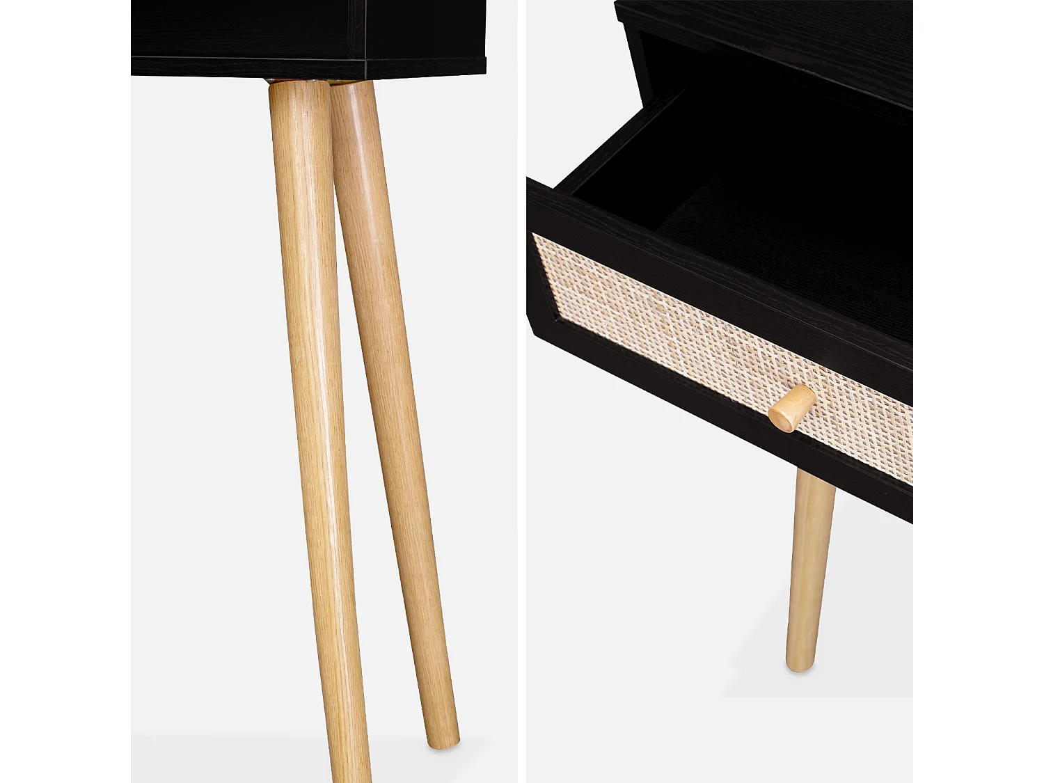 Console en cannage 100x29x81cm  -  Bohème -  Noir. 1 tiroir.1 espace de rangement. pieds scandinaves décor bois. 1 poignée