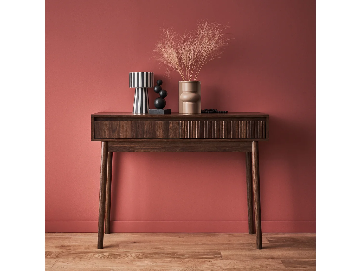 Consola con efecto madera de 2 cajones, 100cm madera oscura