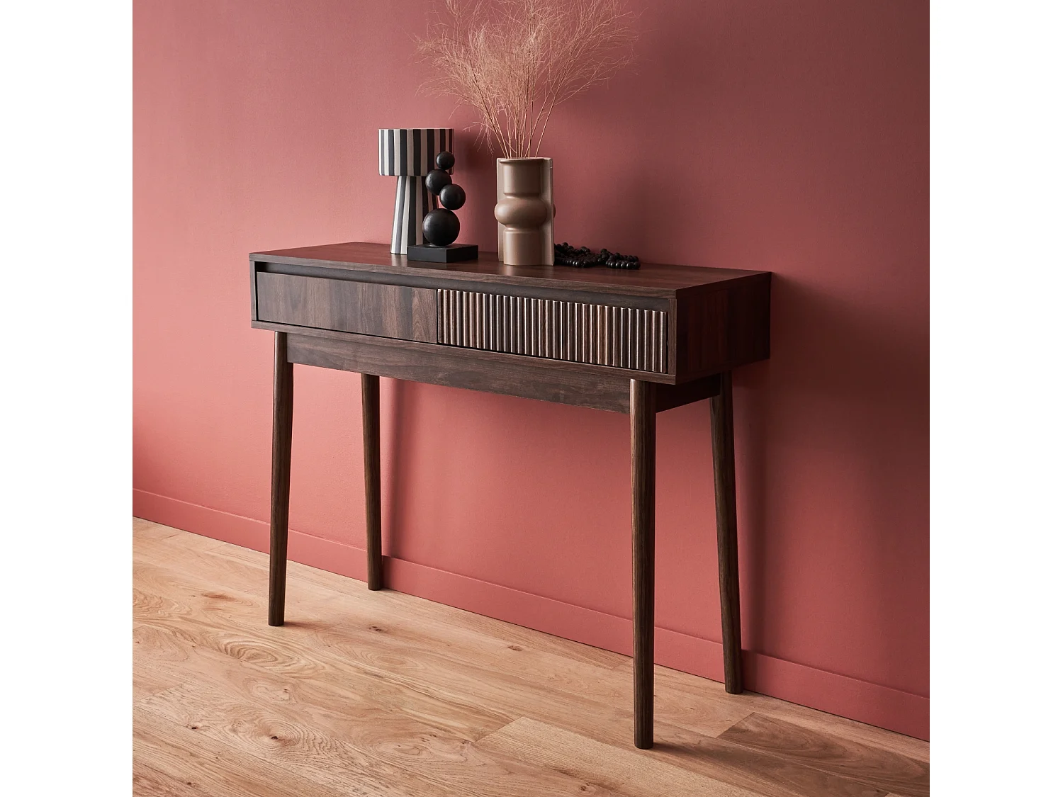 Consola con efecto madera de 2 cajones, 100cm madera oscura