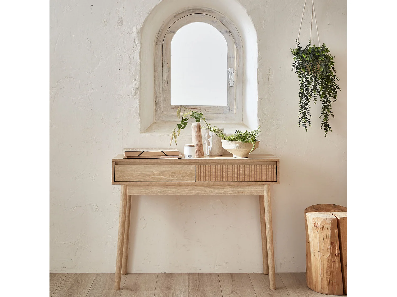 Consola con efecto madera de 2 cajones, 100cm madera