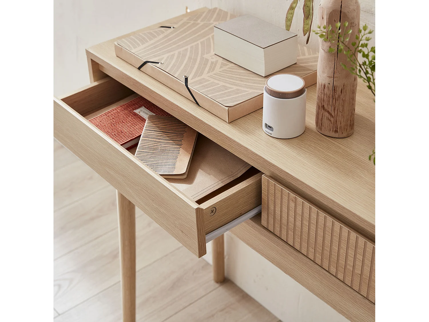 Consola con efecto madera de 2 cajones, 100cm madera