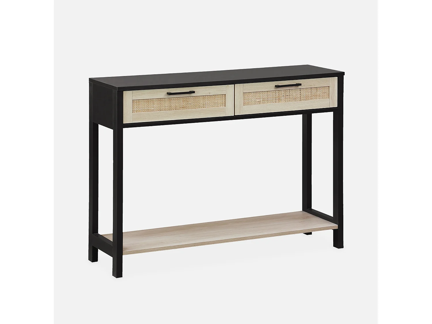 Console décor bois noir et cannage 100 x 30 x 75cm - Bianca - 2 tiroirs - 1 étagère