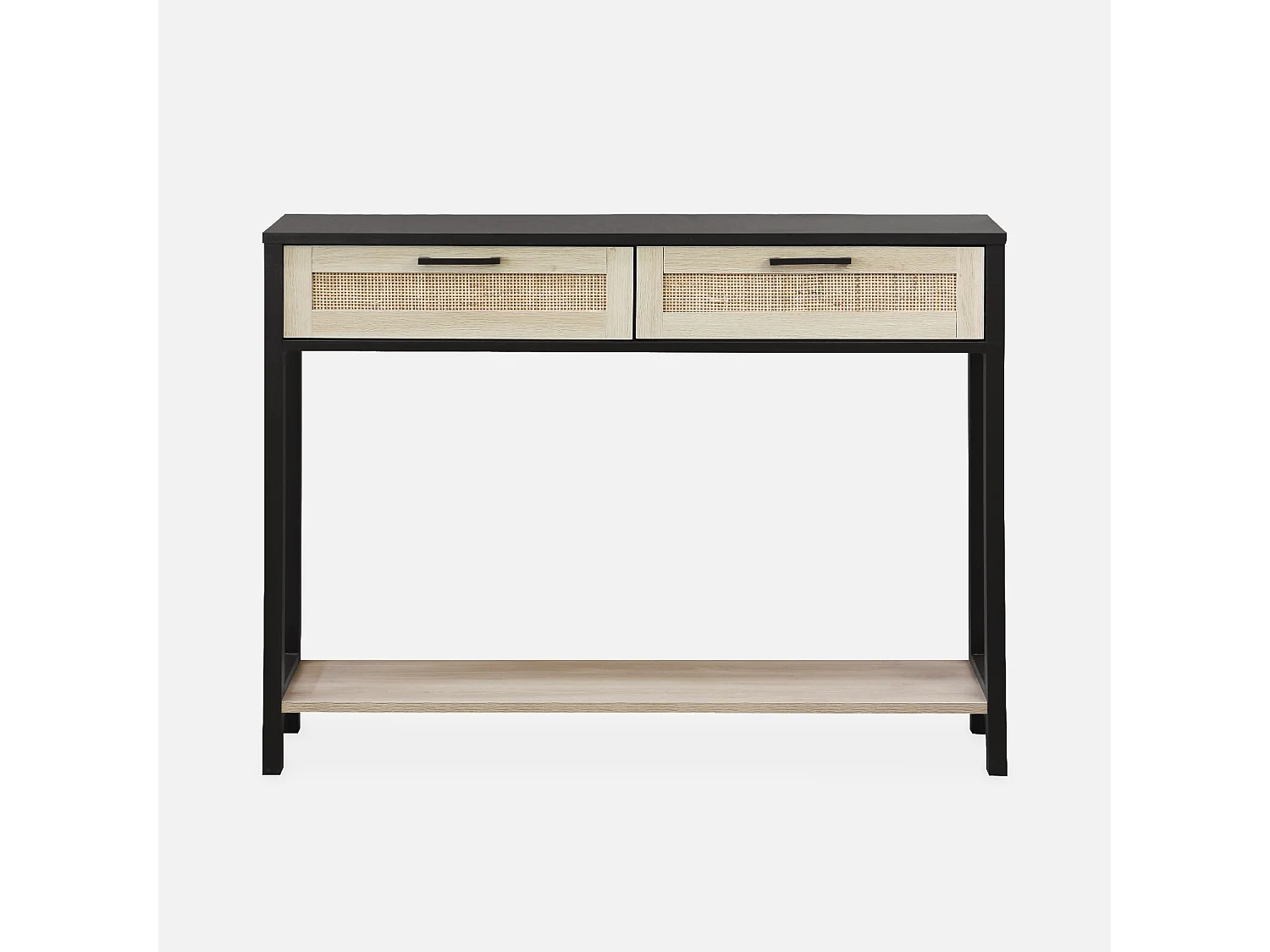 Console décor bois noir et cannage 100 x 30 x 75cm - Bianca - 2 tiroirs - 1 étagère