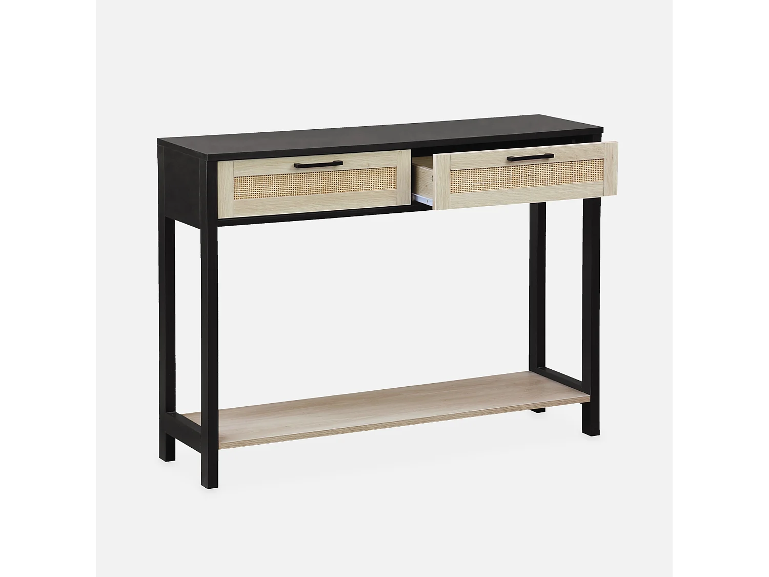 Console décor bois noir et cannage 100 x 30 x 75cm - Bianca - 2 tiroirs - 1 étagère