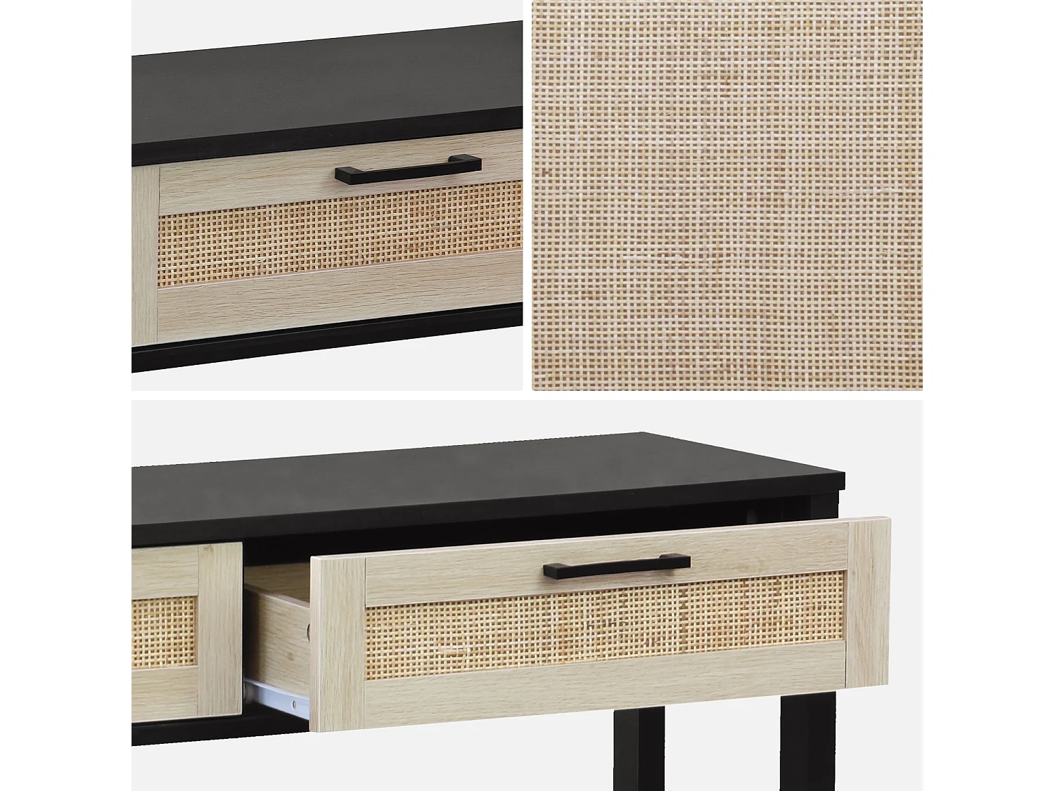 Console décor bois noir et cannage 100 x 30 x 75cm - Bianca - 2 tiroirs - 1 étagère