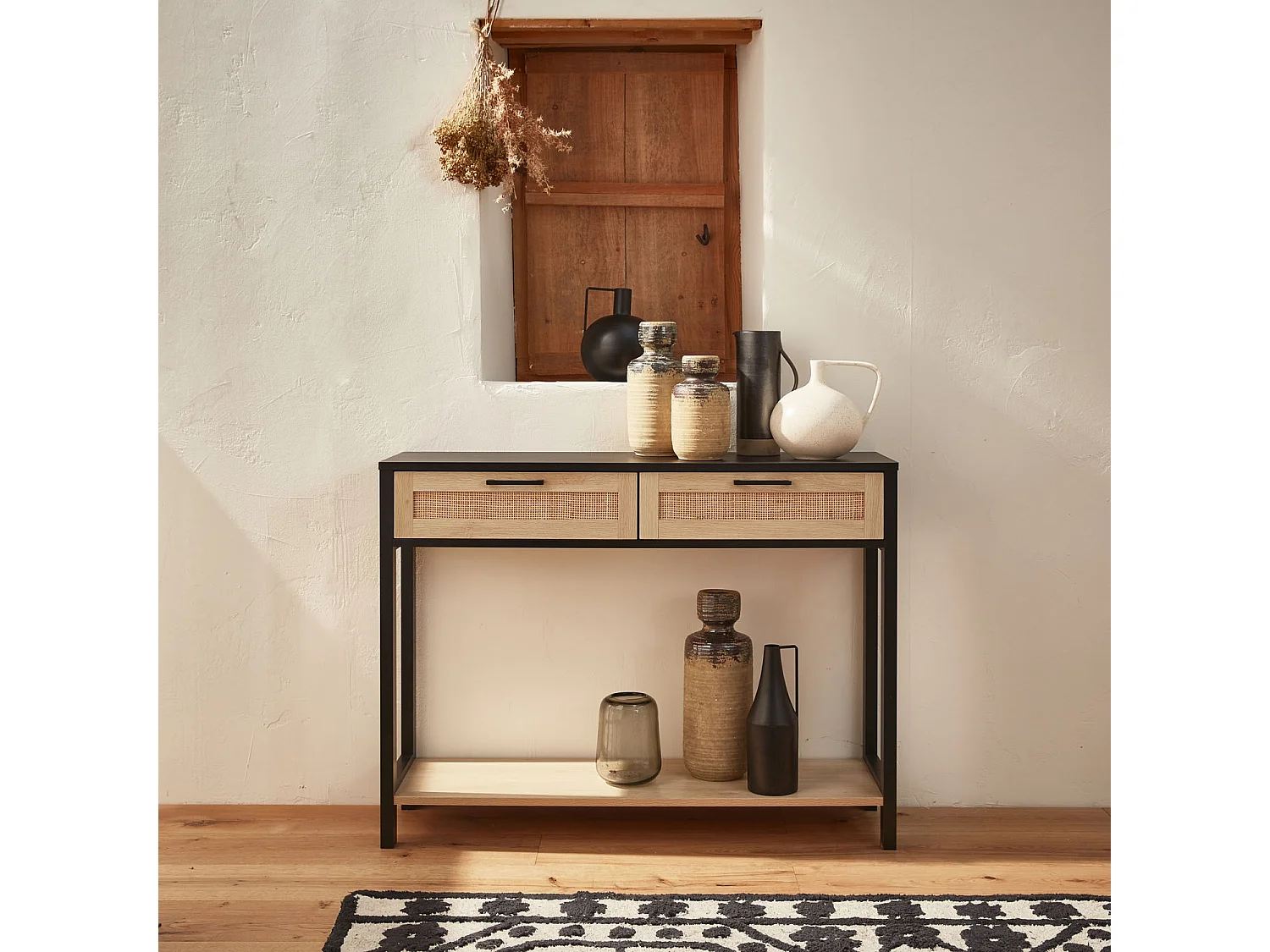 Console décor bois noir et cannage 100 x 30 x 75cm - Bianca - 2 tiroirs - 1 étagère