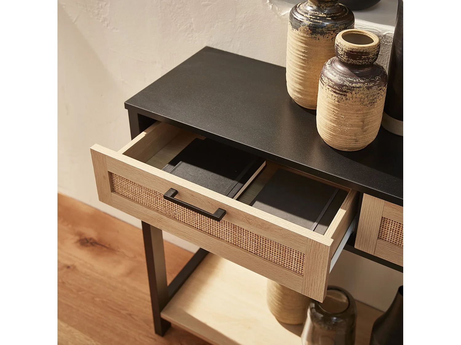 Console décor bois noir et cannage 100 x 30 x 75cm - Bianca - 2 tiroirs - 1 étagère
