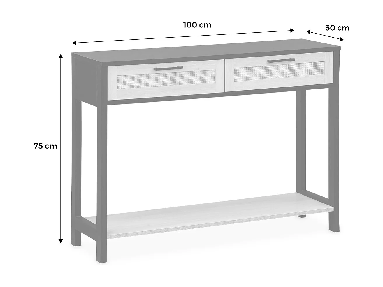 Console décor bois noir et cannage 100 x 30 x 75cm - Bianca - 2 tiroirs - 1 étagère