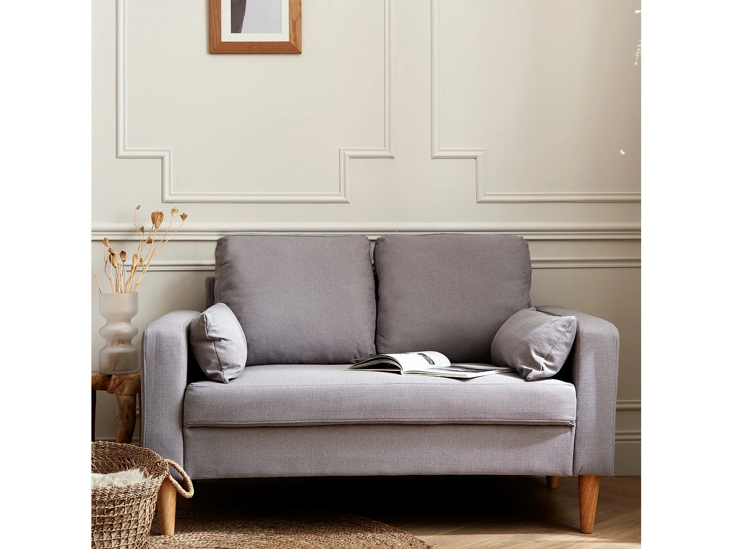 Sofá de tela con patas de madera, 2 plazas gris claro