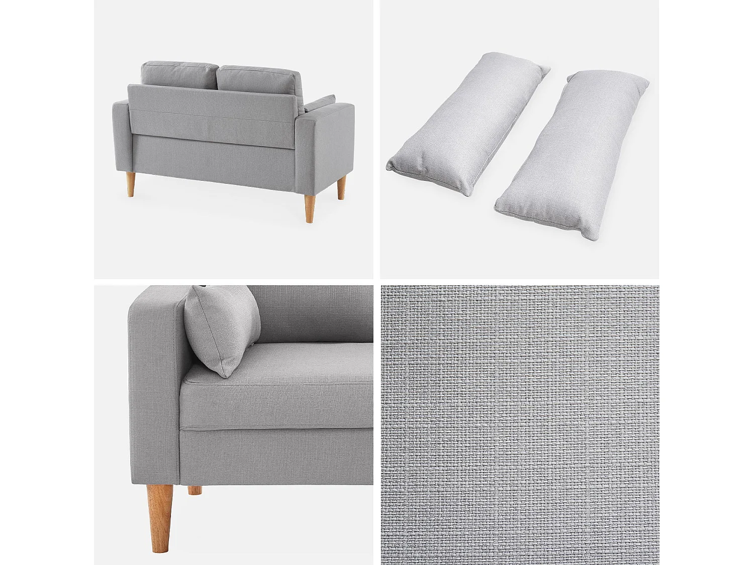 Divano in tessuto con gambe in legno, 2 posti, grigio chiaro