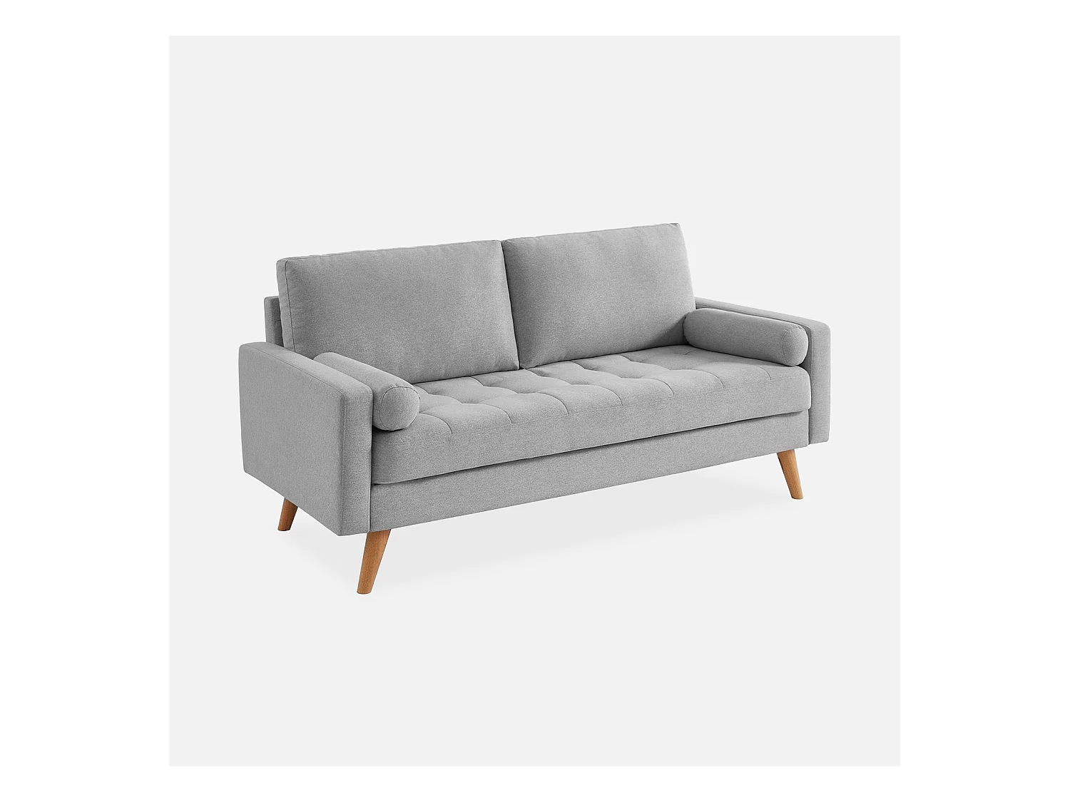 Canapé en tissu gris clair. 3 places scandinave fixe. droit. pieds bois