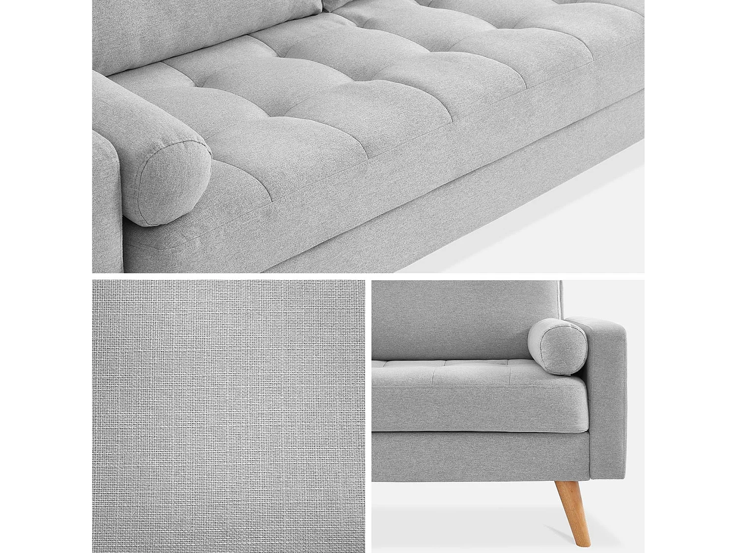 Canapé en tissu gris clair. 3 places scandinave fixe. droit. pieds bois