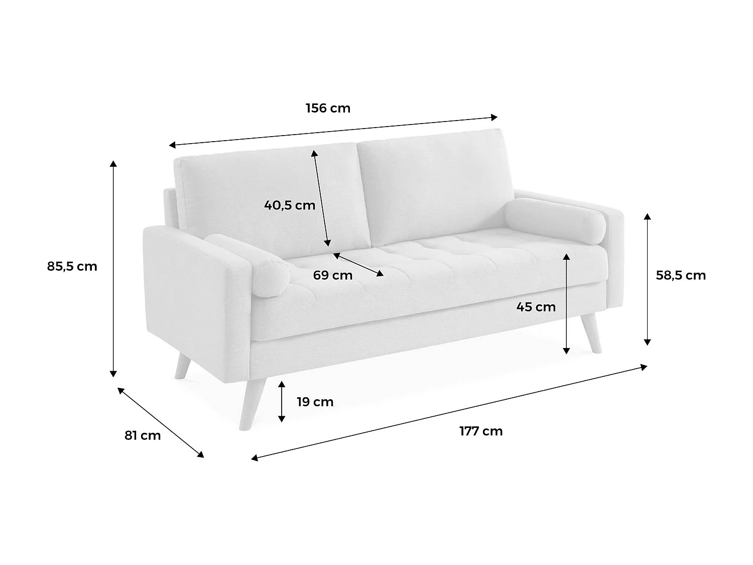Divano in stile scandinavo in tessuto semplice, 3 posti, grigio chiaro
