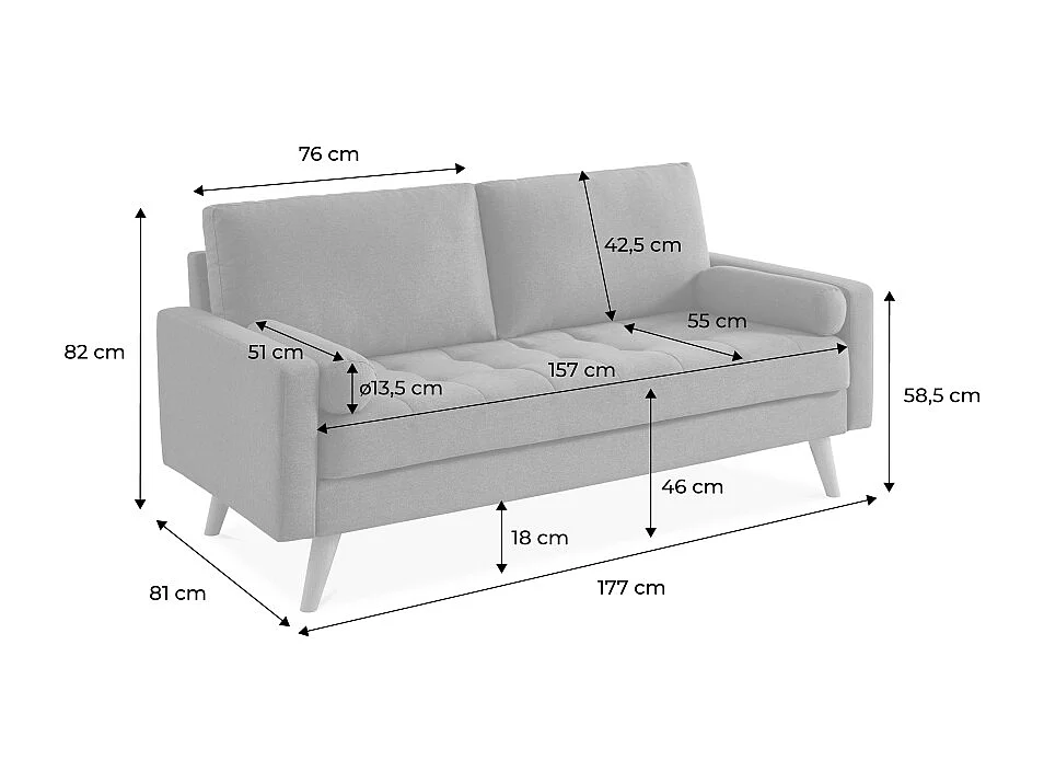 Divano in stile scandinavo in tessuto semplice, 3 posti, grigio chiaro