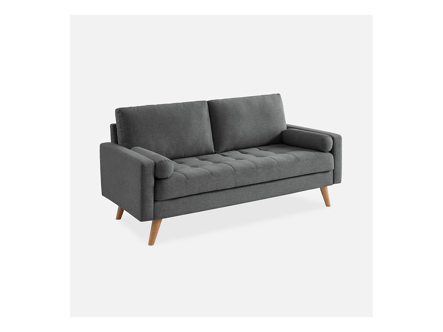 Canapé en tissu gris foncé. 3 places scandinave fixe. droit. pieds bois