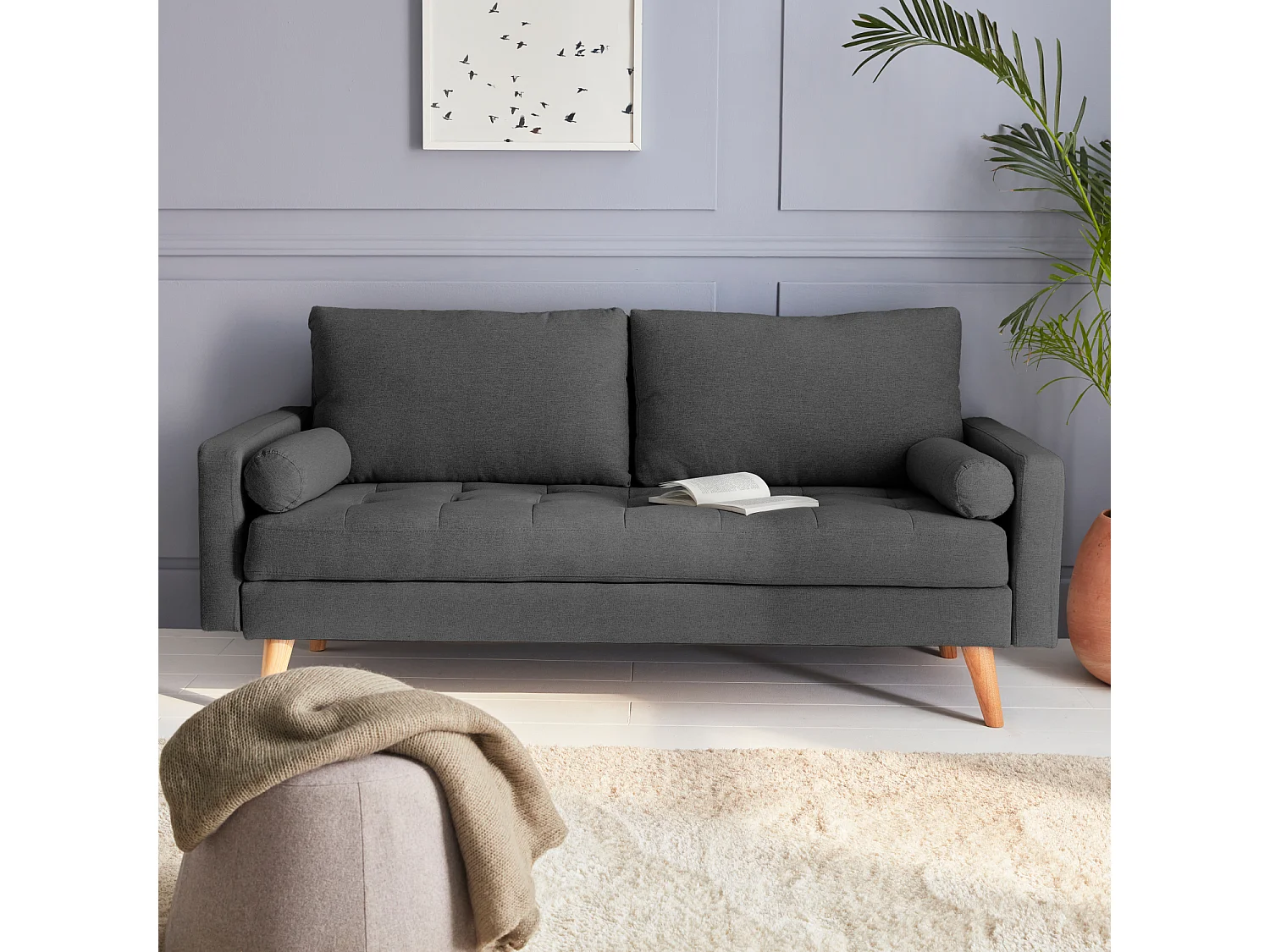 Sofá estilo escandinavo en tela lisa, 3 plazas gris oscuro