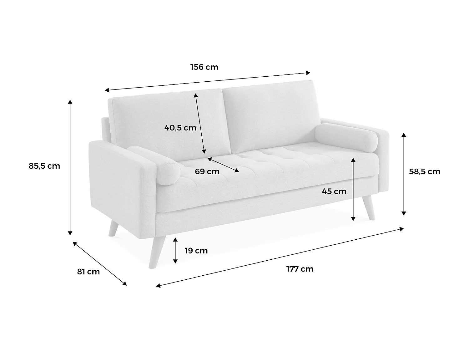 Sofá estilo escandinavo en tela lisa, 3 plazas gris oscuro