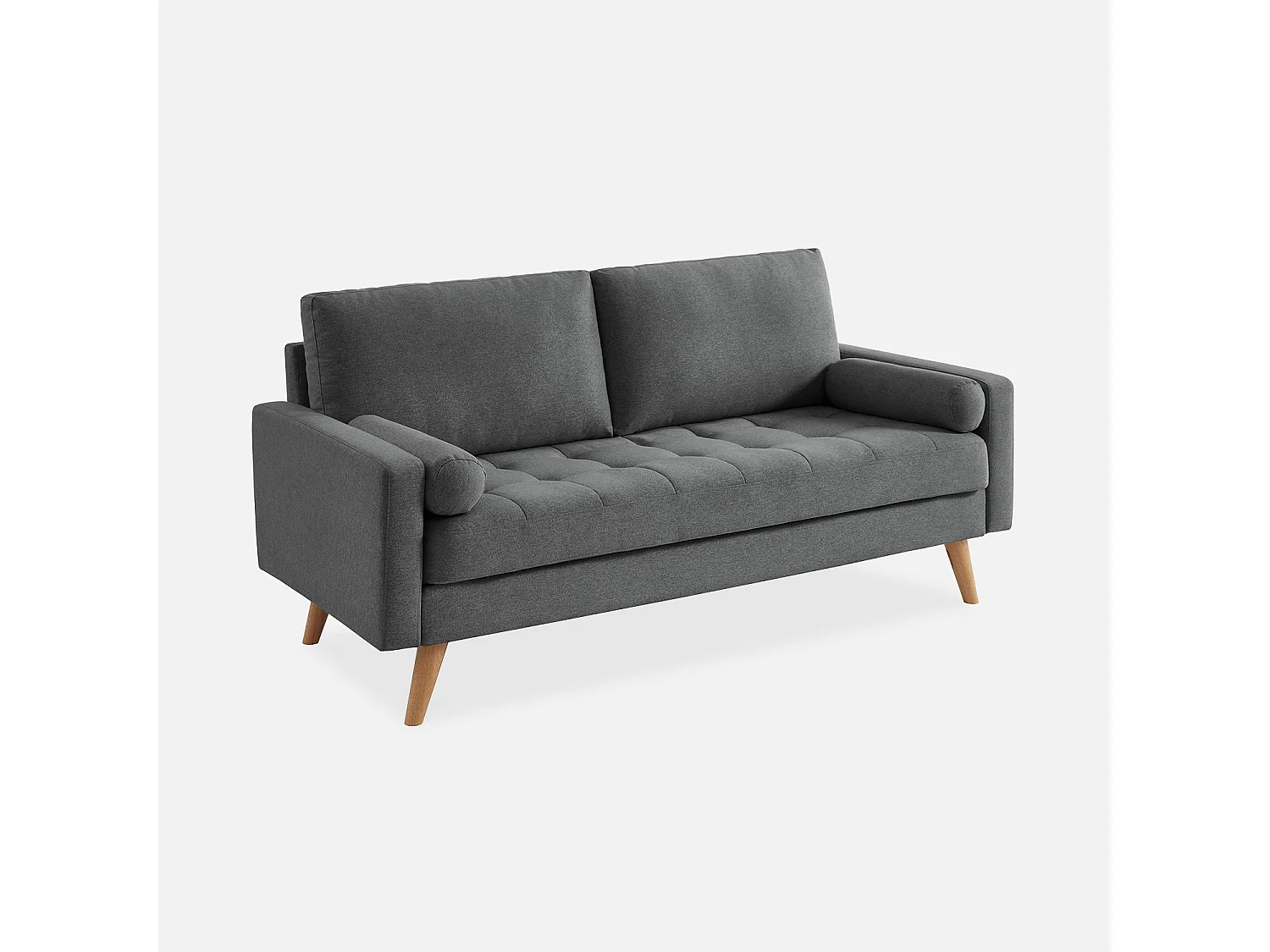 Canapé en tissu gris foncé. 3 places scandinave fixe. droit. pieds bois