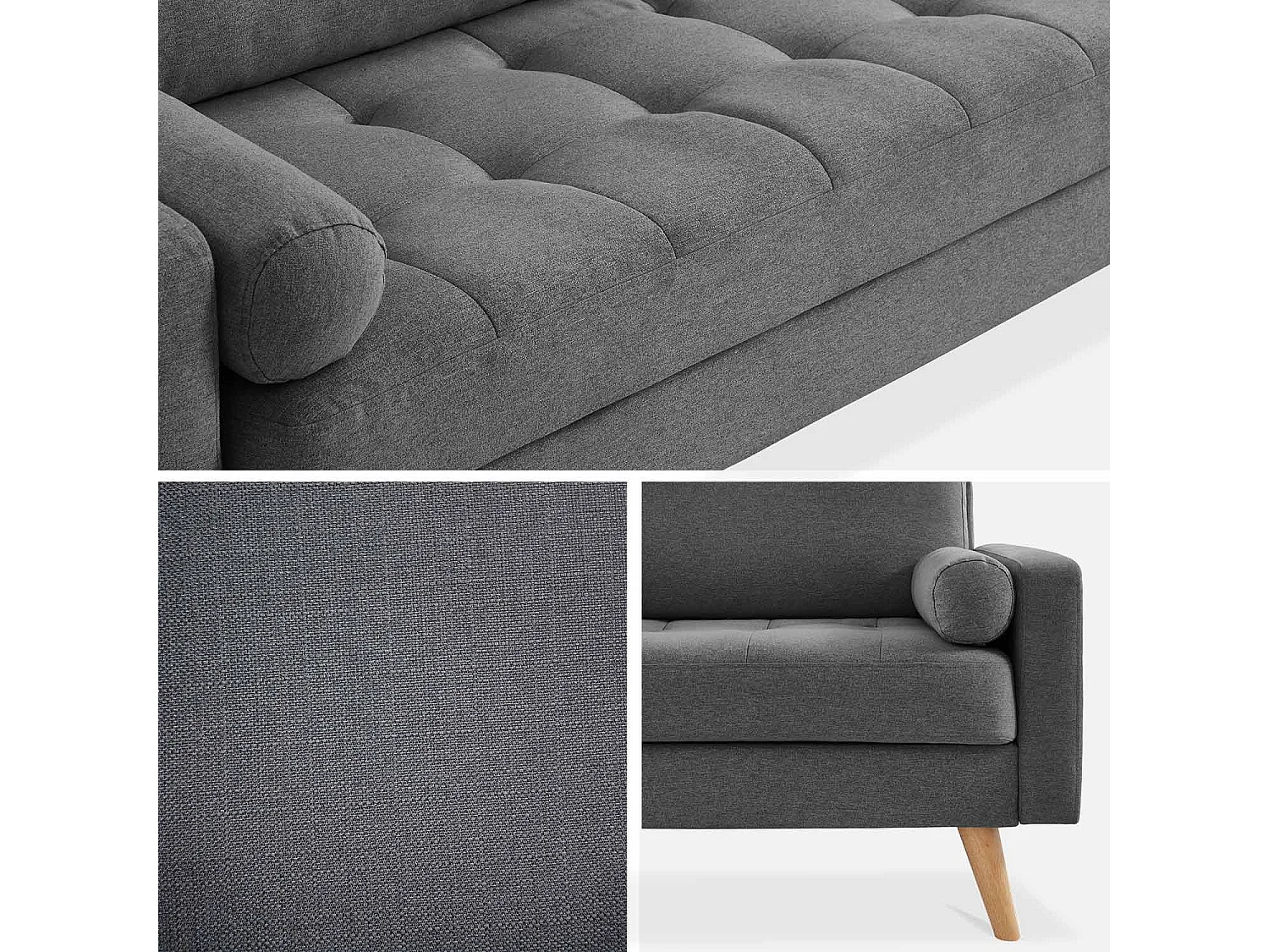Canapé en tissu gris foncé. 3 places scandinave fixe. droit. pieds bois