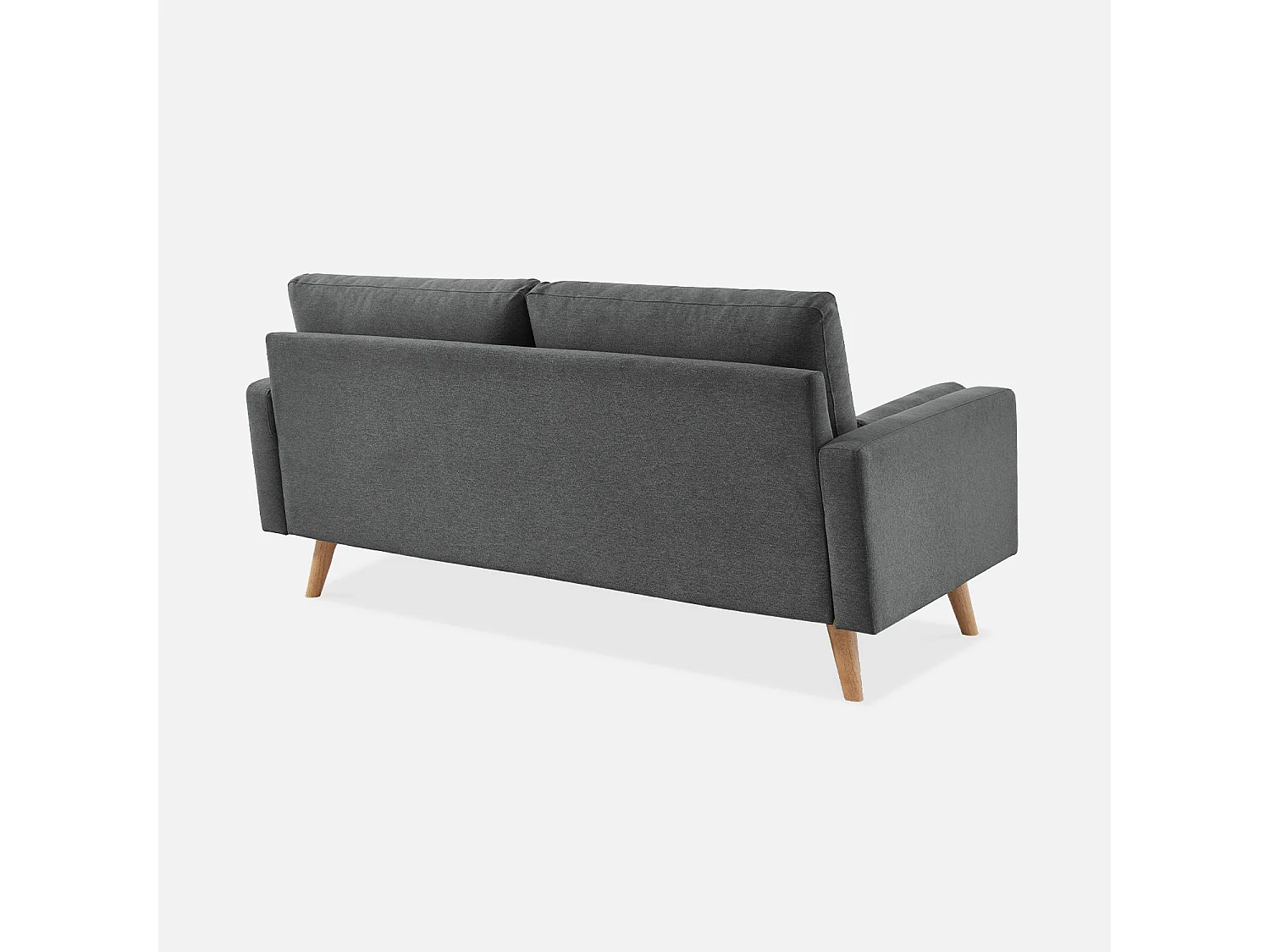 Canapé en tissu gris foncé. 3 places scandinave fixe. droit. pieds bois