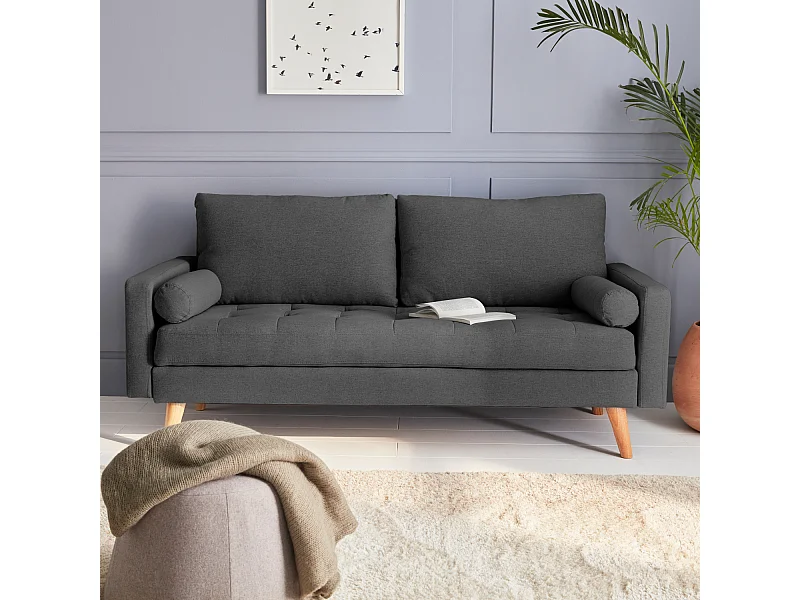 Divano in stile scandinavo in tessuto semplice, 3 posti, grigio scuro
