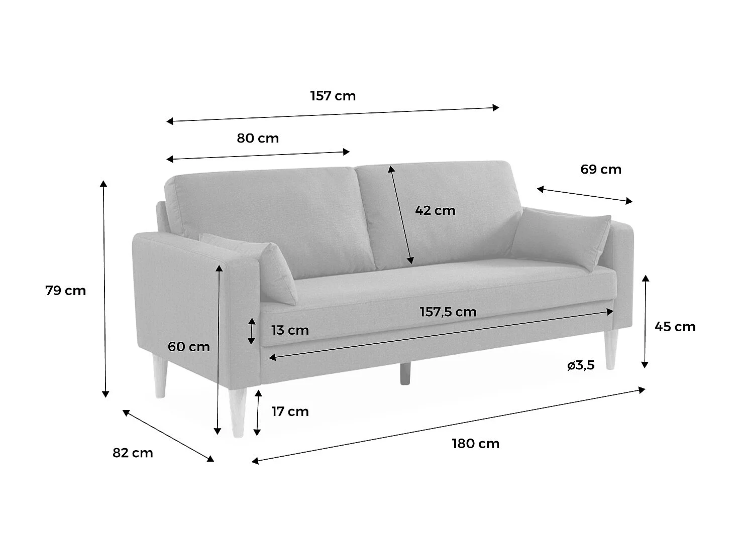 Canapé en tissu gris chiné foncé - Bjorn - Canapé 3 places fixe droit pieds bois. style scandinave