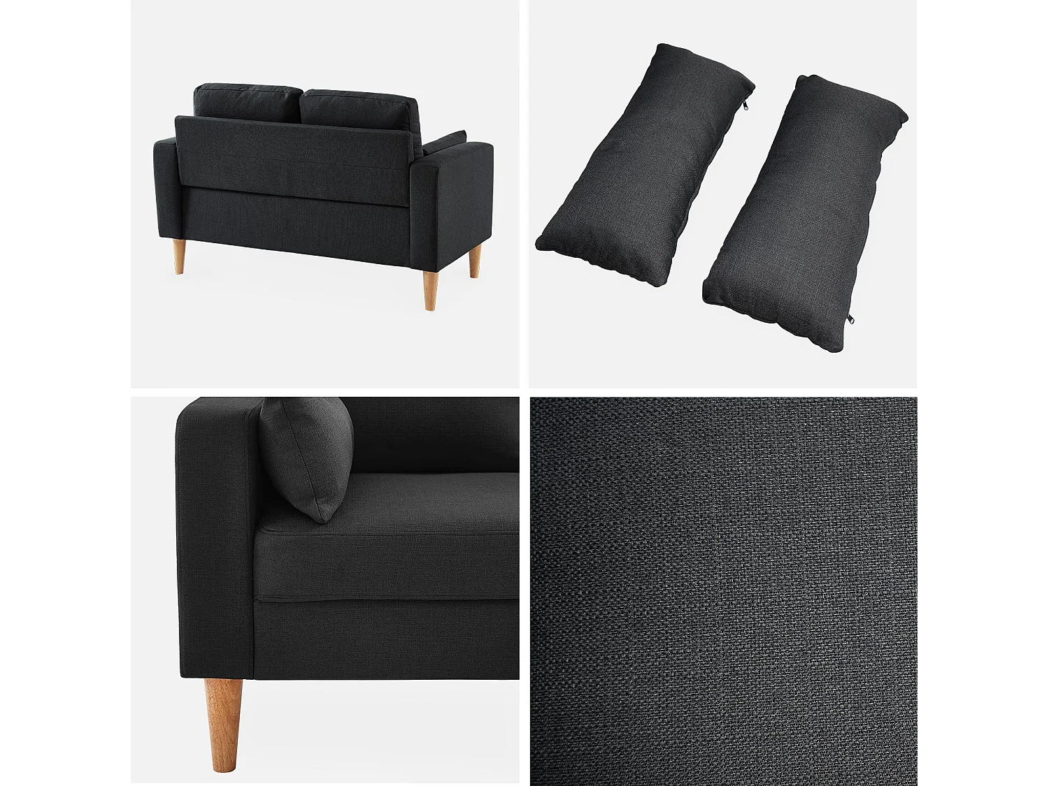 Sofá de tela con patas de madera, 2 plazas gris oscuro