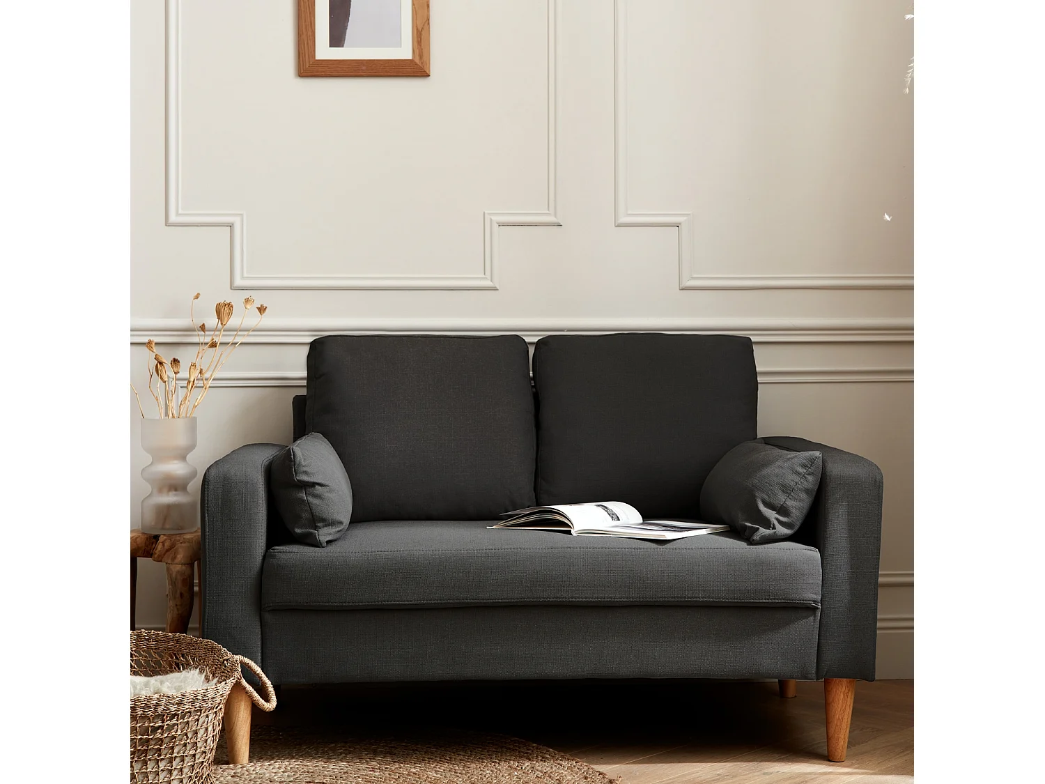 Sofá de tela con patas de madera, 2 plazas gris oscuro