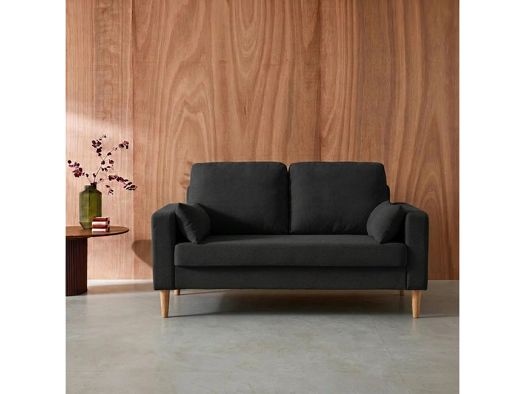 Sofá de tela con patas de madera, 2 plazas gris oscuro