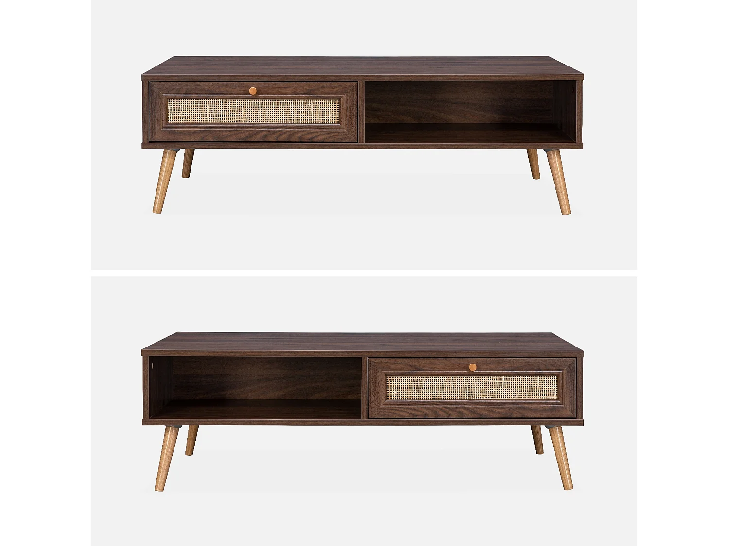 Tavolino scandinavo in vimini, 1 cassetto, marrone scuro