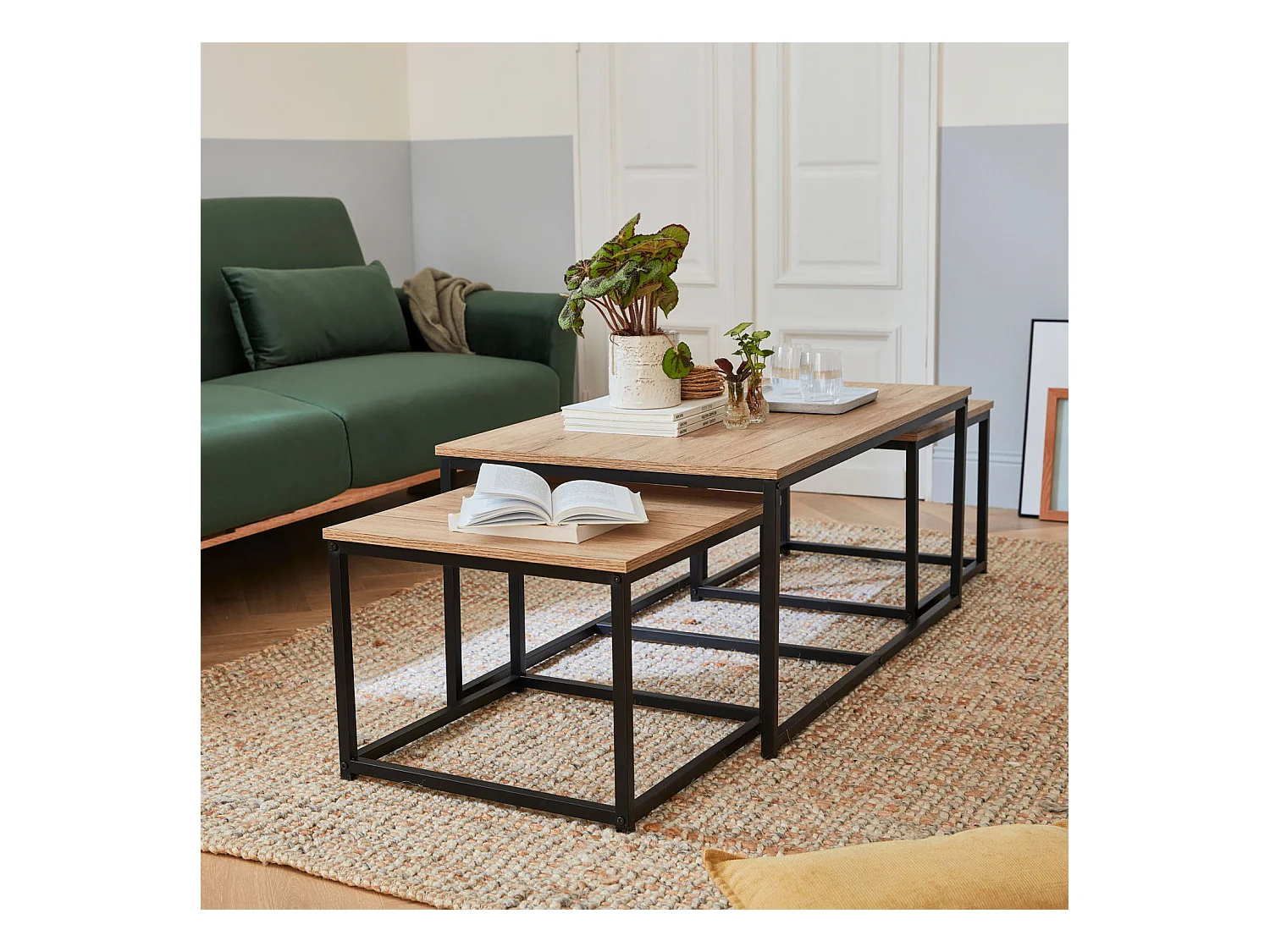 Mesa nido encastrable de metal y efecto madera, set de 3 madera