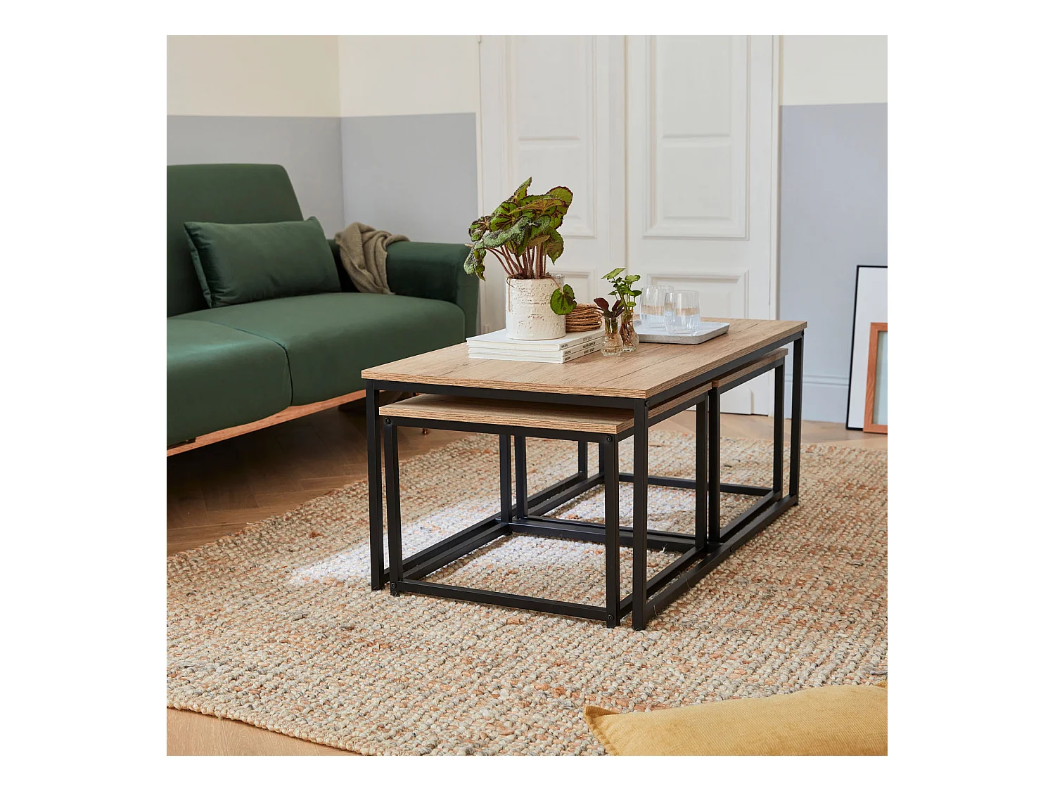 Mesa nido encastrable de metal y efecto madera, set de 3 madera