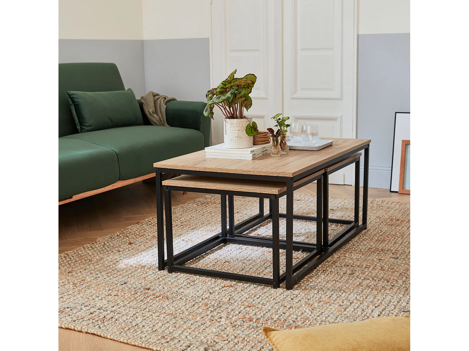 Mesa nido encastrable de metal y efecto madera, set de 3 madera